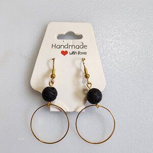 Gold Tone Black Lava Hoop Earrings